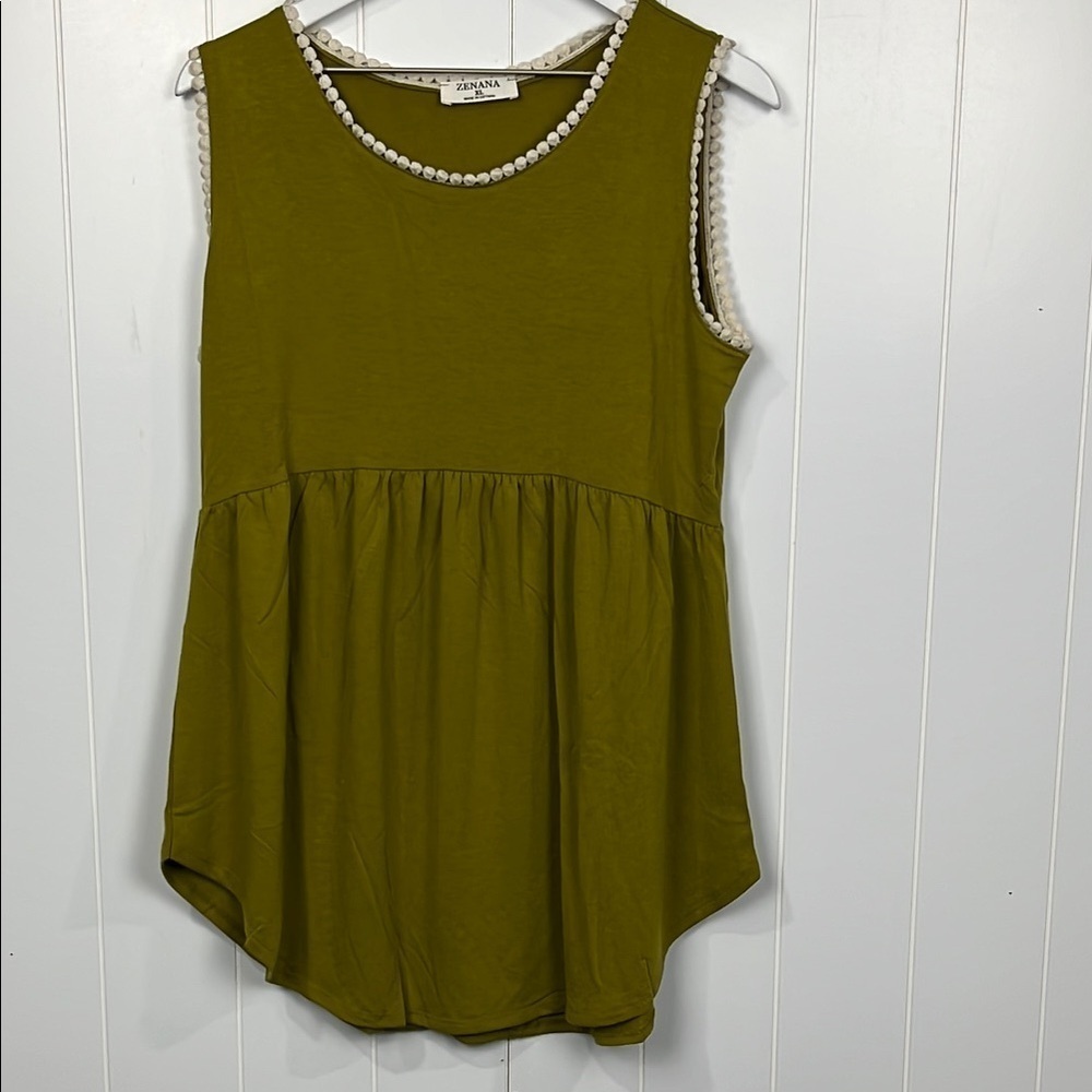 Zenana Womens Baby Doll Tank XL Olive Green Pullover Sleeveless Crochet Detail